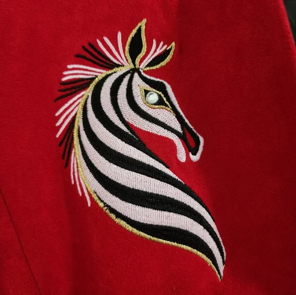 BOB MACKIE Women's Red Blazer, embroidered zebra motif, Size M - Picture 2 of 6